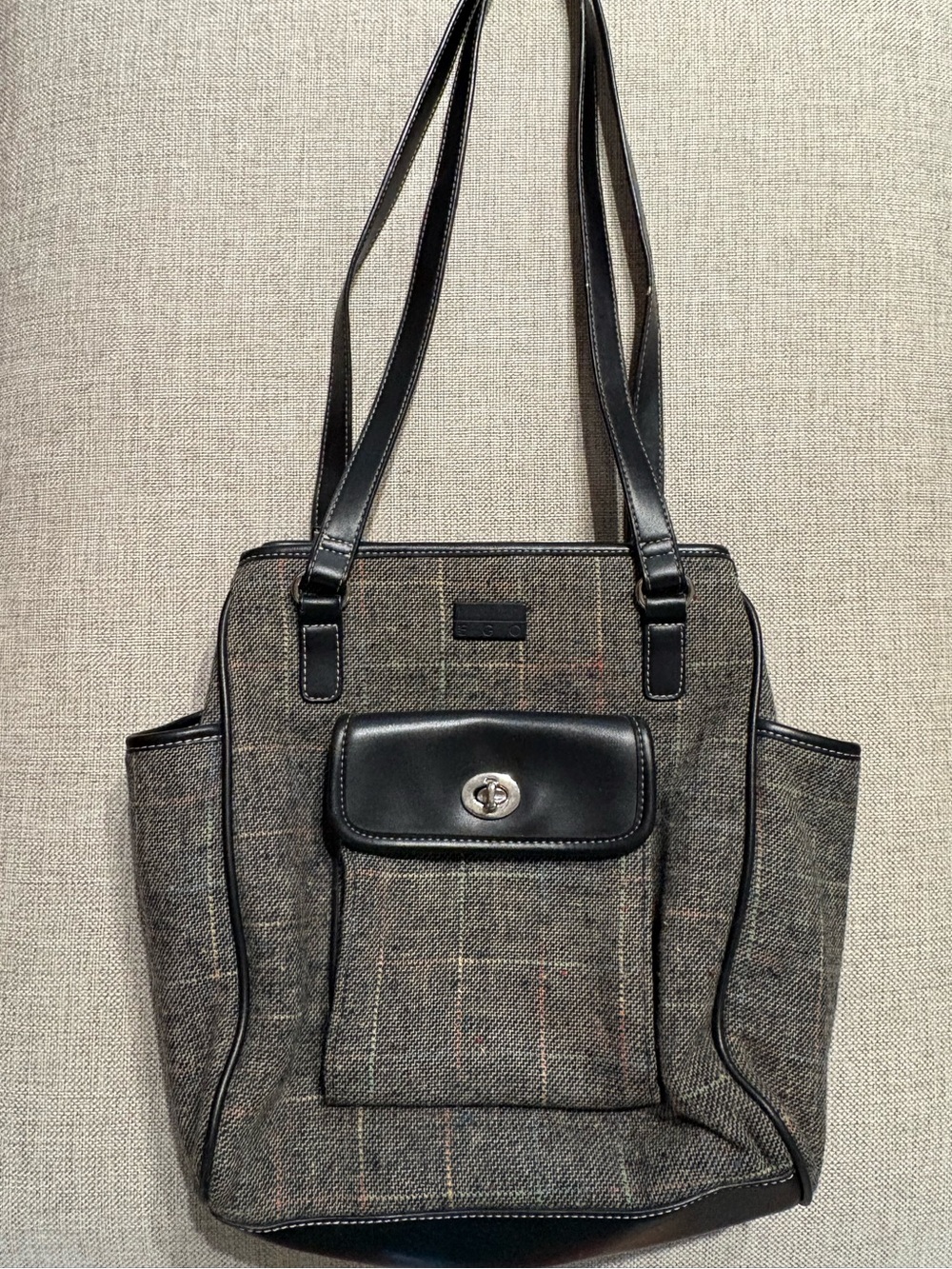 EGO Plaid Tweed Look Shoulder Bag Black Trim Preppy Classic Handbag